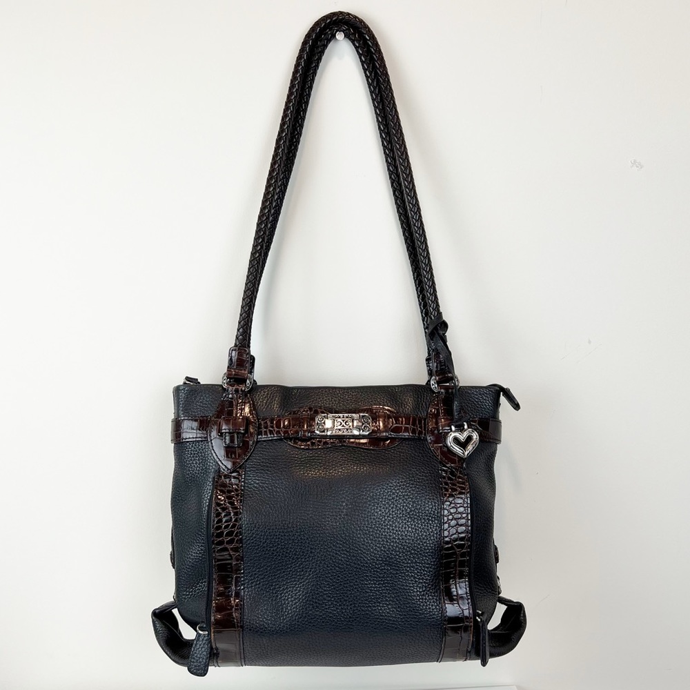 Brighton Black & Brown Pebble Leather Medium Shoulder Bag Western‎ Lined Classic